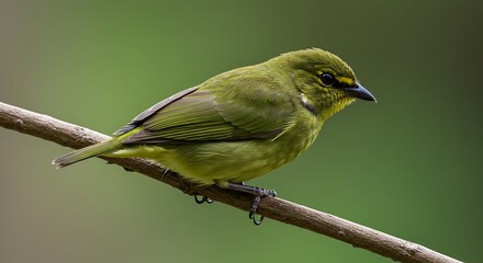 Vibrant Green Bird Perched on Branch Against Blurred Background.