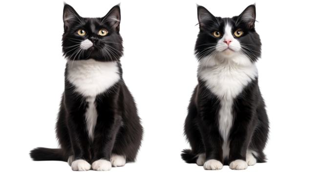 set of close up portrait of sit cat, grey, white, ginger kitty with long hair isolated on transparent background	
