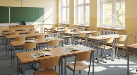 Empty classroom scene with desks, chairs, and open books for educational design