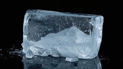 A transparent, frosty ice block with a textured surface illuminated by cool blue light, suitable for editorial backgrounds