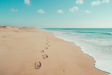 Footprints leading to message drawn in the sand
