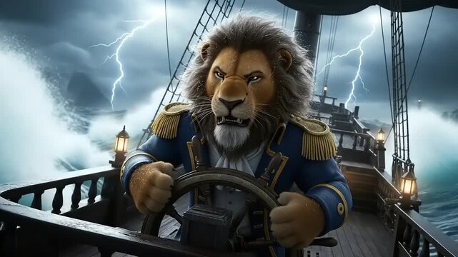 Lion Captain Navigating Stormy Seas on a Ship with Lightning Strikes.