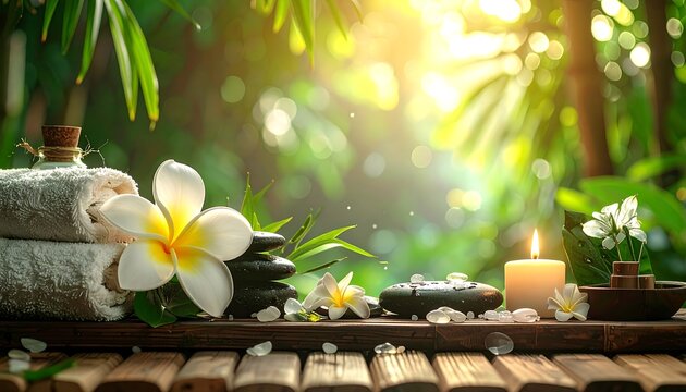 Serene spa setup towels, rocks, flowers, candle, foliage in blurred sunny background on bamboo table - Powered by Adobe