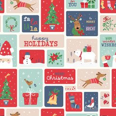 Cute hand Drawn Holiday Seamless Vector Pattern. Christmas Elements, doodle style Background. Simple Style Design  - great For Textile, Wallpaper,  Wrapping Paper