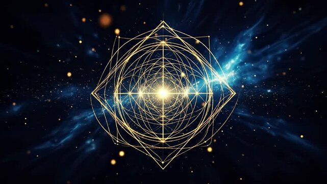 A Glowing Geometric Design in Cosmic Space: A Radiant Center Surrounded by Intricate Patterns of Light and Color Amidst a Starry Background