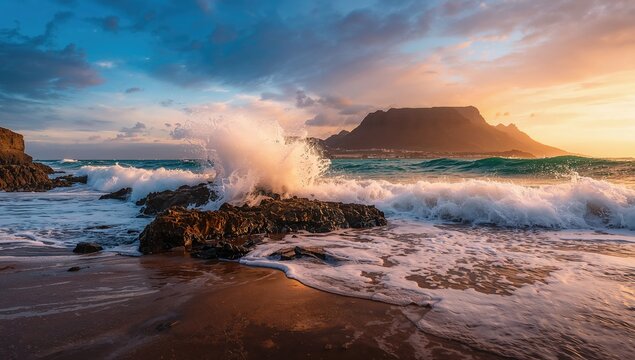 Waves crashing against rocky shore during sunset, natural beauty and erosion risk