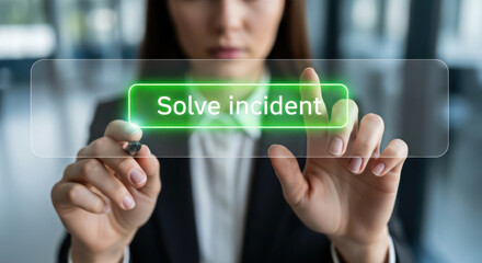 Businesswoman touching digital screen with solve incidents button for incident management solutions