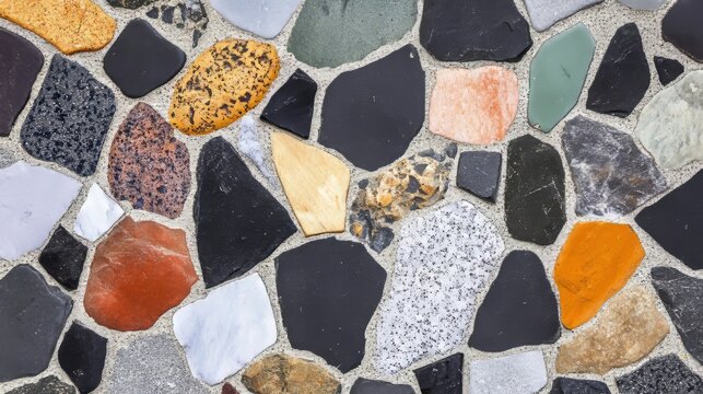 Colorful Mosaic Tile and Stone Floor with Granite Pieces Creating a Unique Decorative Surface