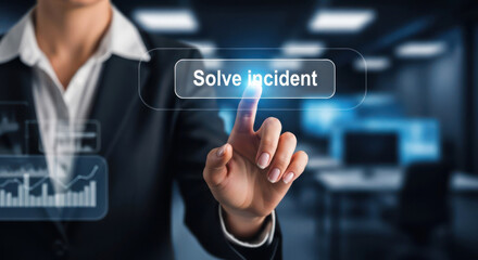 Business professional presses button on futuristic interface to solve an incident in data center