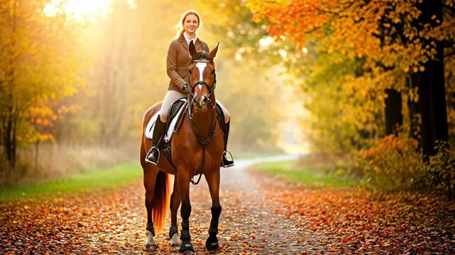 A Young Woman on a Chestnut Horse in an Autumn Forest Setting, Surrounded by Colorful Fall Foliage, Riding Along a Pathway Covered in Leaves