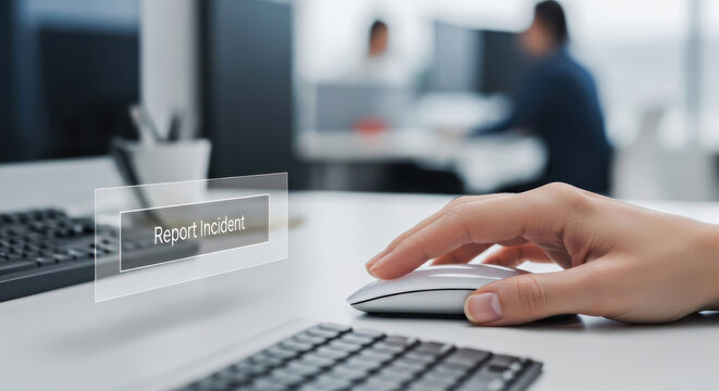 Close-up of a hand using a computer mouse and keyboard in a modern office setting