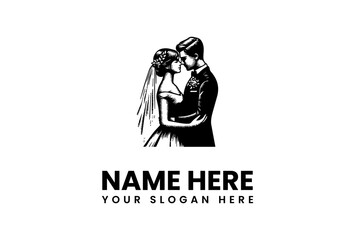 Classic hand-drawn logo of a bride and groom in a romantic embrace. Timeless vector illustration for wedding planners and matrimonial services