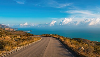 A pathway under a clear sky with ocean views, seasonal change