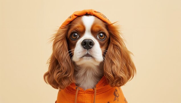 Cavalier King Charles Spaniel's snout emerging from a hood, suitable for pet clothing