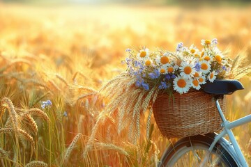 Bicycle with wicker basket full of daisies and wildflowers standing in a sunlit golden wheat field during sunset