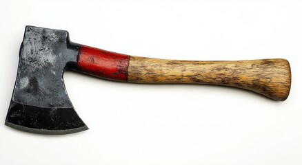 Worn and rustic axe with a metal blade and wooden handle with red paint detail isolated on white background