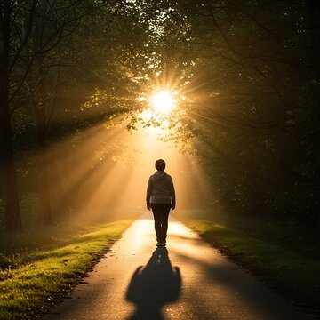 Person walking on a path towards a bright sunbeam through trees, creating a serene and hopeful atmosphere.