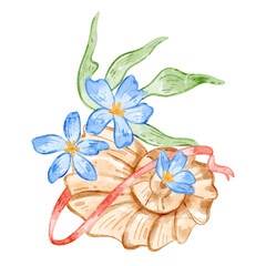Watercolor illustration of seashell with flowers and red bow. 