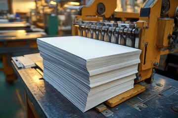 Stack of freshly cut white paper sheets on a yellow industrial cutting machine in a factory setting