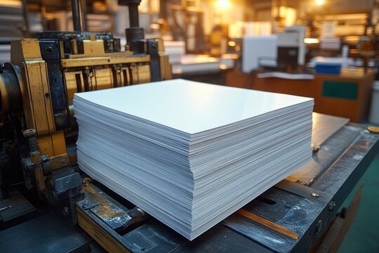 Large stack of white printing paper on industrial printing machine in factory setting with warm lighting and blurred background