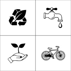 Fototapeta premium Collection of 4 hand-drawn ecology icons. Recycle, save water, planting, and bicycle.