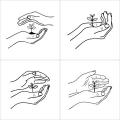 Set of 4 hand-drawn icons of hands holding a sprout. Plant care, new life, and growth concept.