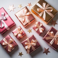 Elegant Christmas Gift Boxes with Ribbons – Festive Holiday Presents Flat Lay