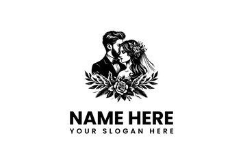 Elegant Monochrome Wedding Couple Illustration in Loving Embrace, Adorned with Delicate Floral Accents – Perfect Graphic Design for Romantic Events and Memorable Invitations
