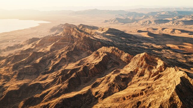 Aerial view of rugged desert mountains and a distant lake under a warm, hazy sun, showcasing a vast, arid landscape - Powered by Adobe