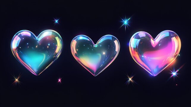 Three luminous, translucent hearts with swirling colors and sparkling highlights, floating against a deep black void, representing abstract beauty and wonder - Powered by Adobe