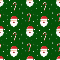 Cute Christmas seamless pattern with Santa Claus and candy canes isolated on green background.Merry Xmas vector graphic illustration wallpaper.