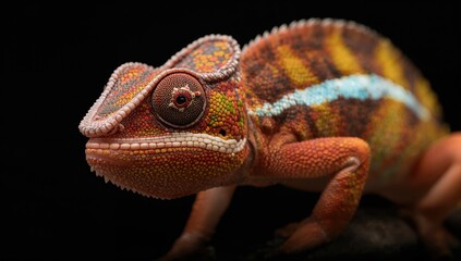 Obraz premium Close-up of a Fischer chameleon on a black background, showcasing vibrant colors and unique textures