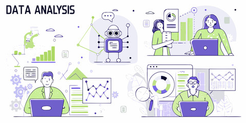 Diverse team members collaborating on data analysis and business intelligence with charts and robots