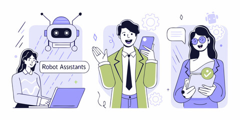 Diverse people interacting with robots and technology for assistance and communication in a modern office setting