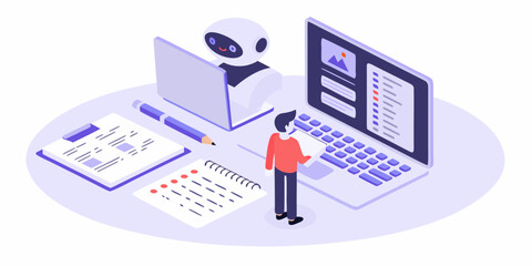 Man and robot collaborating on a laptop with documents and pencil on a desk