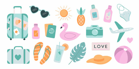 Collection of cute and colorful travel and vacation icons for summer holidays