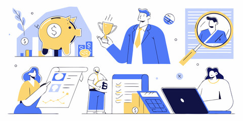 Diverse team collaborating on financial success and business growth with savings and achievements