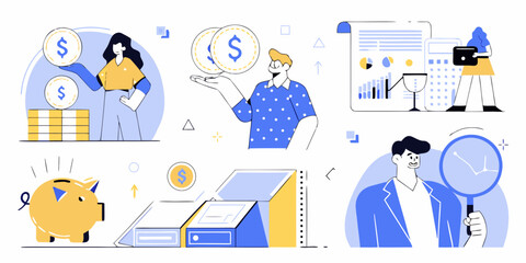 Modern flat illustration of financial concepts including saving money investment growth and data analysis