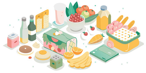 Isometric illustration of a healthy meal preparation with fresh ingredients and food containers