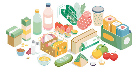 A colorful isometric illustration of a variety of fresh groceries and packaged food items arranged on a black background