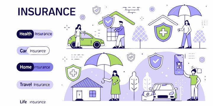 Diverse insurance coverage options illustrated with people protecting homes cars and health - Powered by Adobe