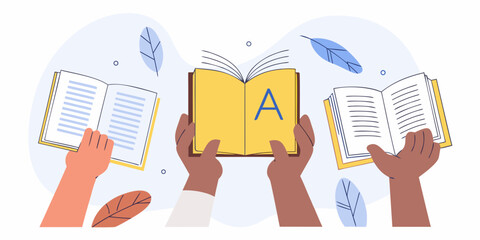 Diverse hands holding open books symbolizing education learning and knowledge sharing