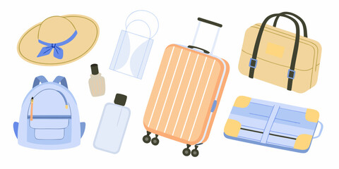 Collection of travel essentials including a suitcase backpack hat and bags for vacation planning
