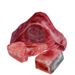 Tuna pieces watercolor illustration. Hand-drawn steak ocean fish on a white background. Food clip art. Perfect for restaurant menu recipe books and Japanese cuisine.