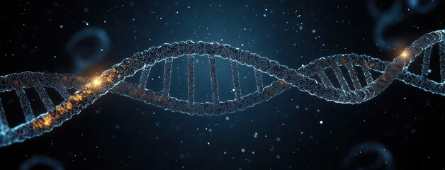 Close-up 3D visualization of a DNA double helix structure with glowing orange molecular connections on a dark blue background