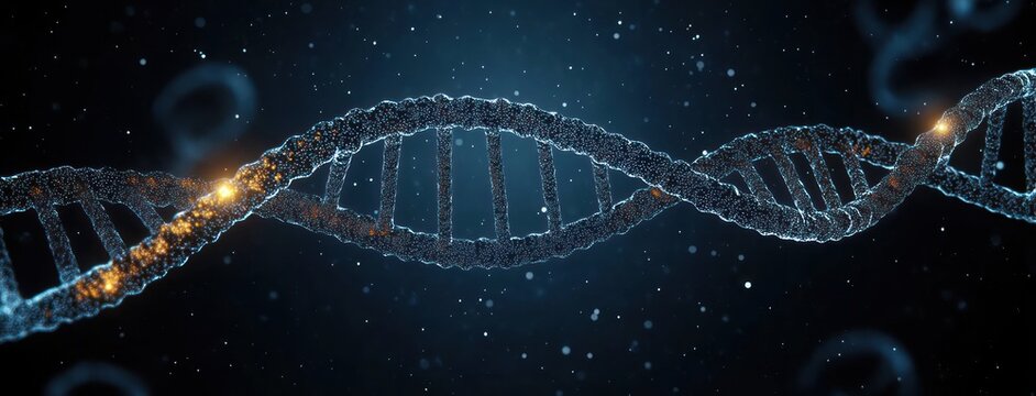 Close-up 3D visualization of a DNA double helix structure with glowing orange molecular connections on a dark blue background - Powered by Adobe