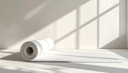 Serene white yoga mat unfurled in a sunlit room casting calming shadows, inviting peaceful practice and mindful movement