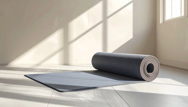 Serene yoga mat unrolled on light wood floor with warm sunlight casting peaceful shadows, inviting mindful practice and wellness.