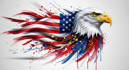 Bald eagle American flag patriotic freedom strength dynamic colorful splatter artistic national symbol. image features bold bald eagle with flowing American flag vibrant paint splashes and sense