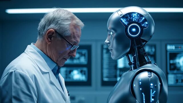man in labcoat faces robot. android and man engage in interaction. research and science equipment surround inspection. technology drives faceoff between man and android in laboratory. monitor display.